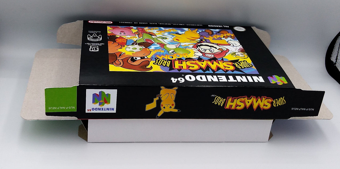 Super Smash Bros box with inner tray option - Nintendo 64 - PAL, NTSC, Australian PAL, Japan Ntsc - thick cardboard as in the original.