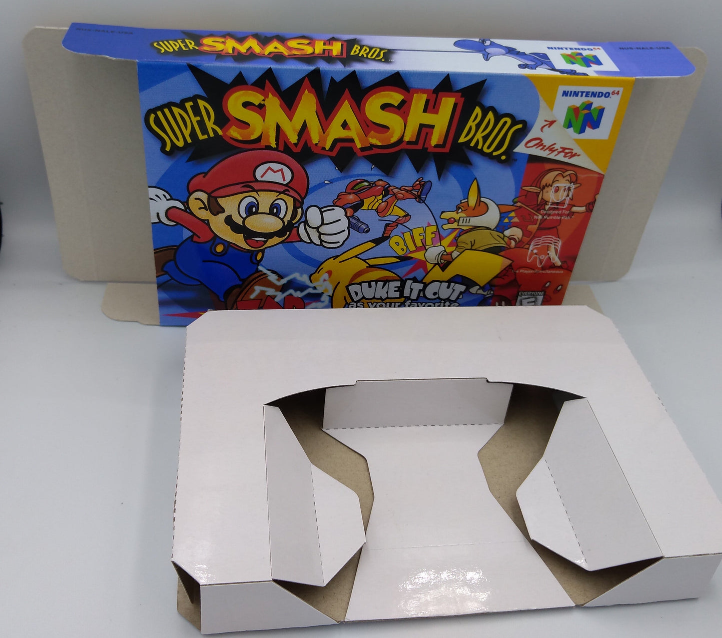 Super Smash Bros box with inner tray option - Nintendo 64 - PAL, NTSC, Australian PAL, Japan Ntsc - thick cardboard as in the original.