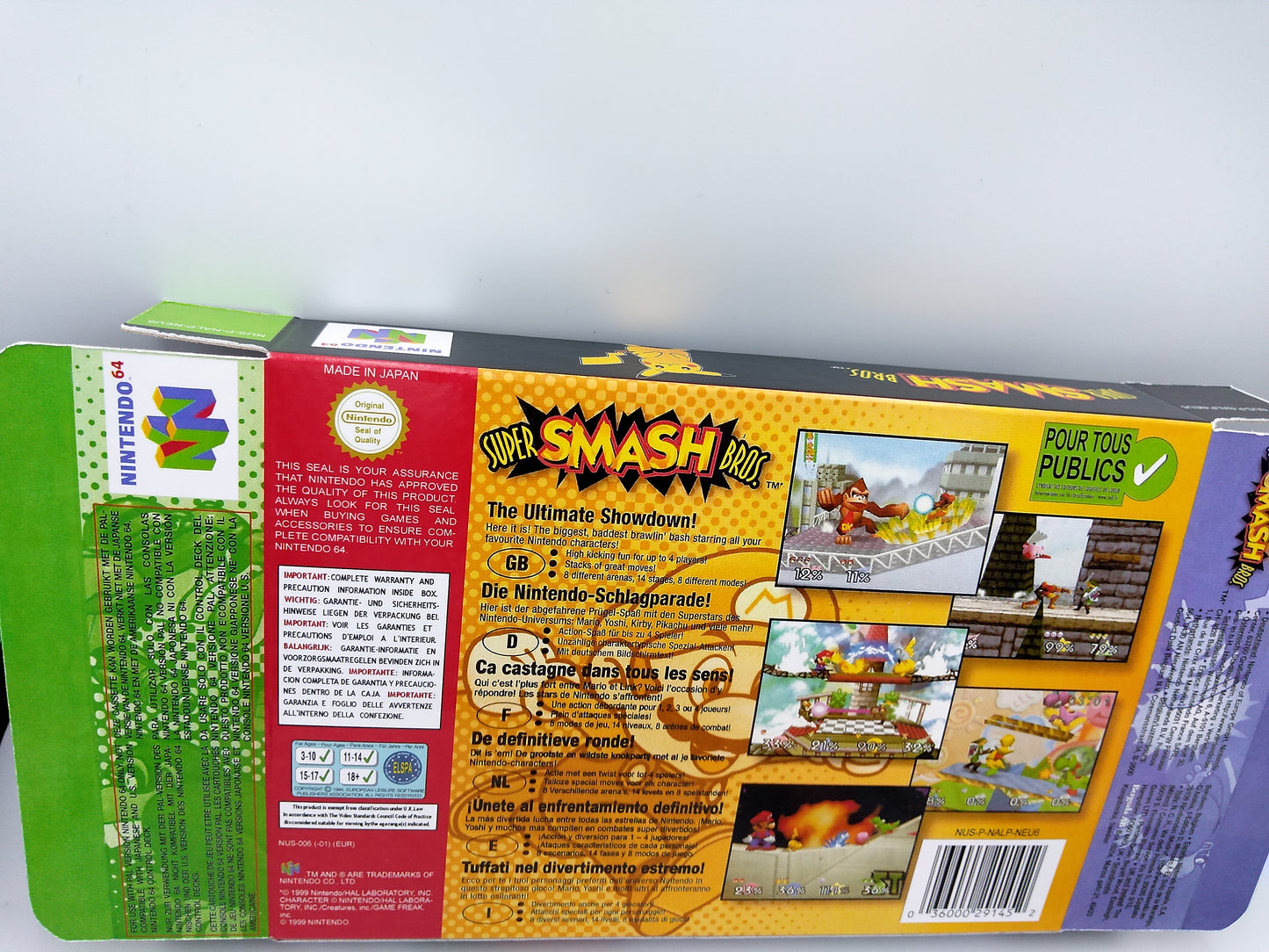 Super Smash Bros box with inner tray option - Nintendo 64 - PAL, NTSC, Australian PAL, Japan Ntsc - thick cardboard as in the original.