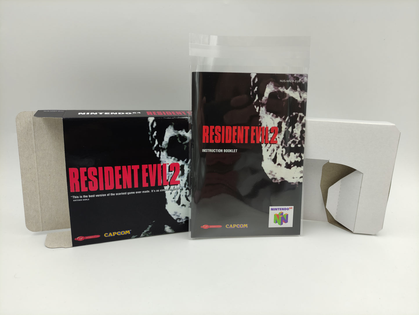 Resident Evil 2/ RE 2 - Box Replacement, Manual, Inner Tray - Nintendo 64/ N64 - NTSC, PAL or Australian PAL - thick cardboard as in the original.