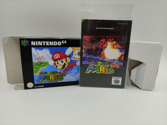 Super Mario 64 - Box Replacement, Manual, Inner Tray - PAL, NTSC or Australian PAL - Nintendo 64/ N64 - thick cardboard as in the original.