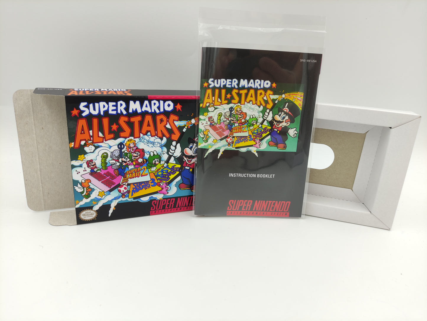 Super Mario All Stars - NTSC or PAL - Replacement Box, Manual, Inner Tray - SNES - thick cardboard as in the original. Top Quality !