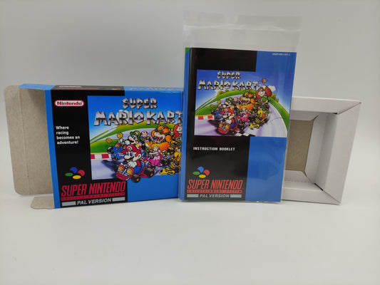 Super Mario Kart - Box Replacement, Manual, Inner Tray - PAL or NTSC - SNES - thick cardboard as in the original.