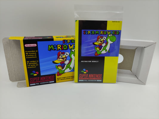 Super Mario World - NTSC or PAL - Replacement Box, Manual, Inner Tray - SNES - thick cardboard as in the original.