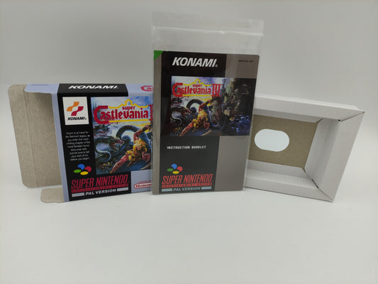 Super Castlevania IV - Box Replacement, Manual, Inner Tray - PAL or NTSC - Snes - thick cardboard as in the original. Top Quality !