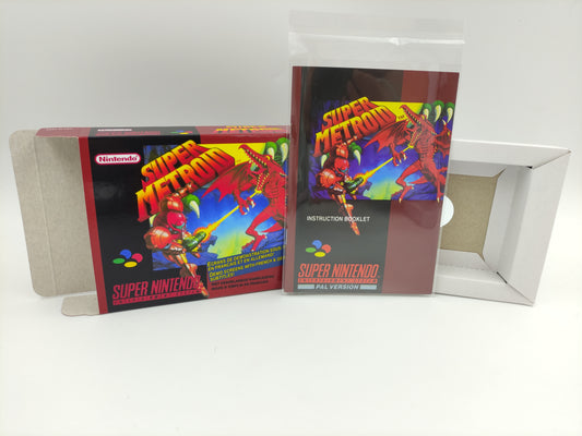 Super Metroid - Box Replacement, Manual, Inner Tray - PAL or NTSC - SNES - thick cardboard as in the original. Top Quality !