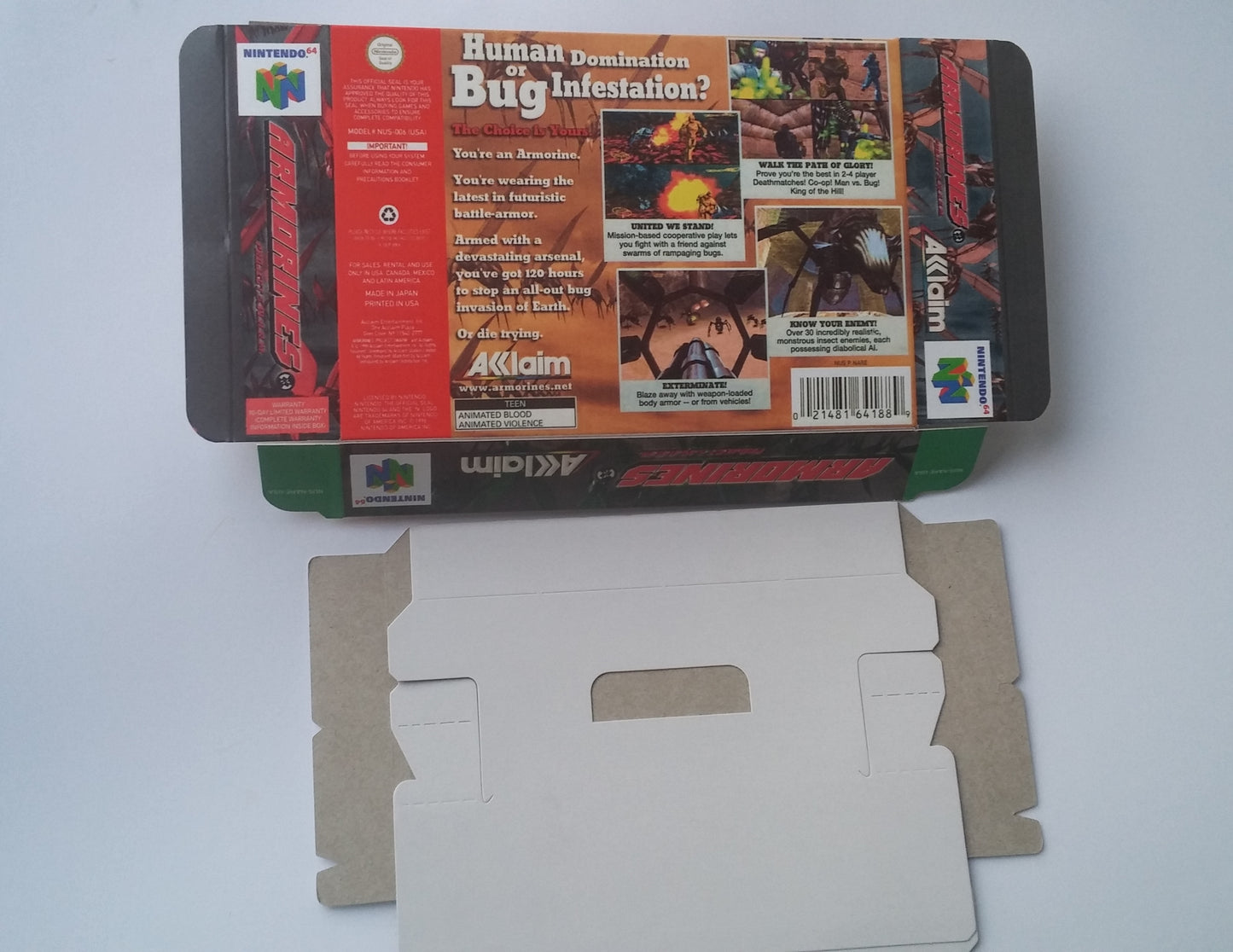 Armorines Project S.W.A.R.M - box with inner tray option - PAL, Au Pal or NTSC - Nintendo 64/ N64 - thick cardboard as in the original.