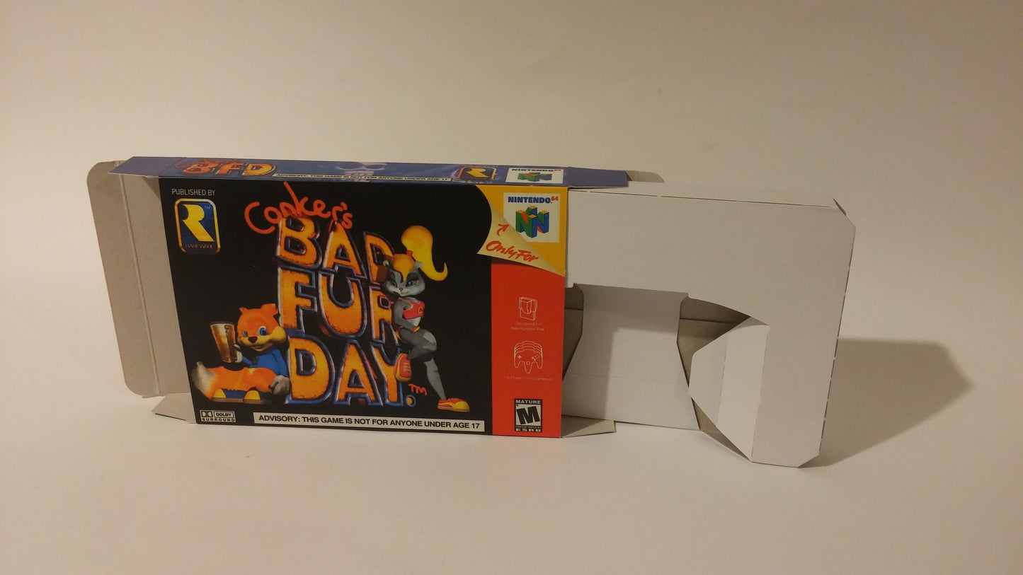 Conker Bad Fur Day - Box Replacement, Manual, Inner tray - PAL, Australian PAL or NTSC - Nintendo 64/ N64 - thick cardboard as in the original.