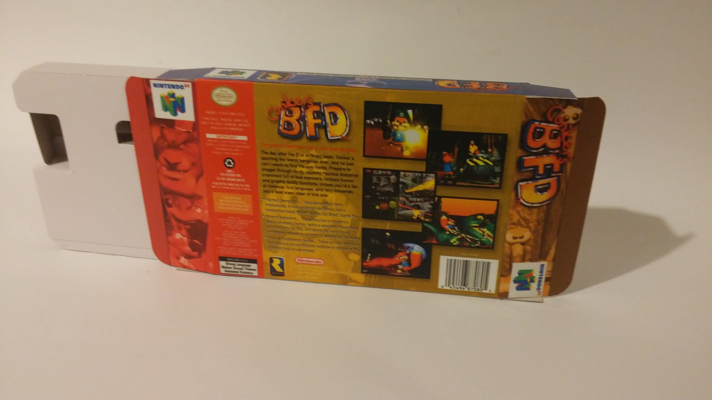 Conker Bad Fur Day - Box Replacement, Manual, Inner tray - PAL, Australian PAL or NTSC - Nintendo 64/ N64 - thick cardboard as in the original.