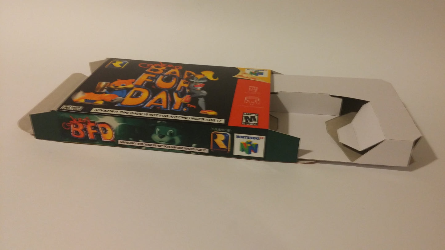 Conker Bad Fur Day - Box Replacement, Manual, Inner tray - PAL, Australian PAL or NTSC - Nintendo 64/ N64 - thick cardboard as in the original.