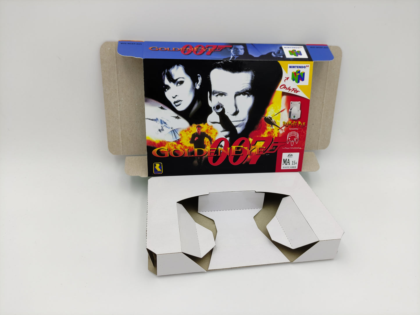 GoldenEye 007 - NTSC, Pal or Australian PAL - Replacement Box, Manual, Inner Tray - Nintendo 64/ N64 - thick cardboard as in the original.