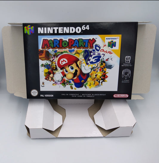 Mario Party - box with inner tray option - Nintendo 64 - Region PAL, NTSC, Australian PAL, Japan Ntsc - thick cardboard as in the original.