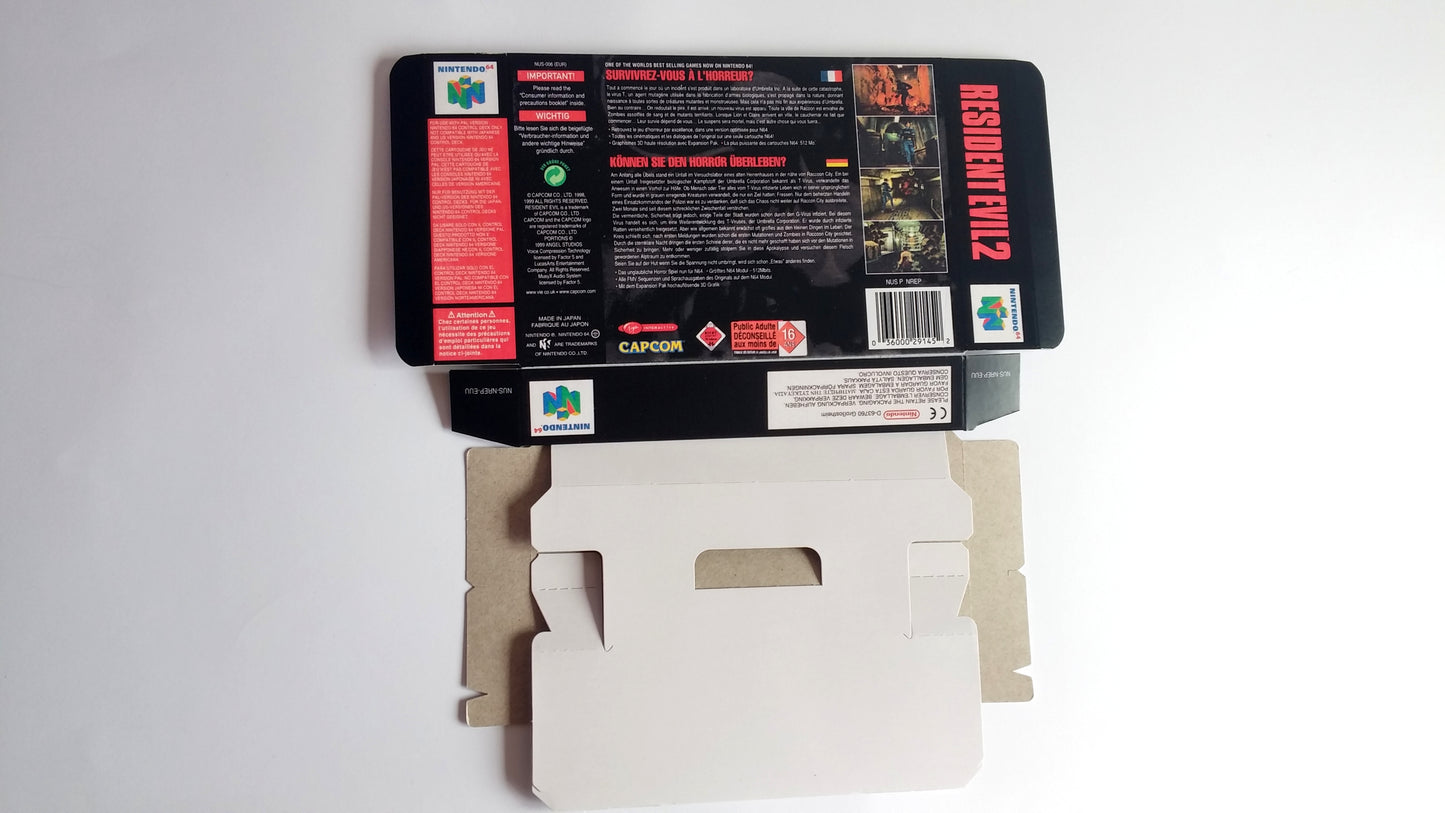 Resident Evil 2/ RE 2 - Box Replacement, Manual, Inner Tray - Nintendo 64/ N64 - NTSC, PAL or Australian PAL - thick cardboard as in the original.