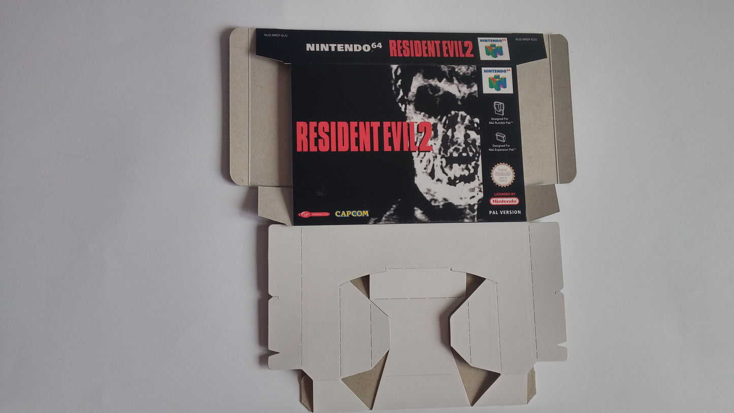 Resident Evil 2/ RE 2 - Box Replacement, Manual, Inner Tray - Nintendo 64/ N64 - NTSC, PAL or Australian PAL - thick cardboard as in the original.