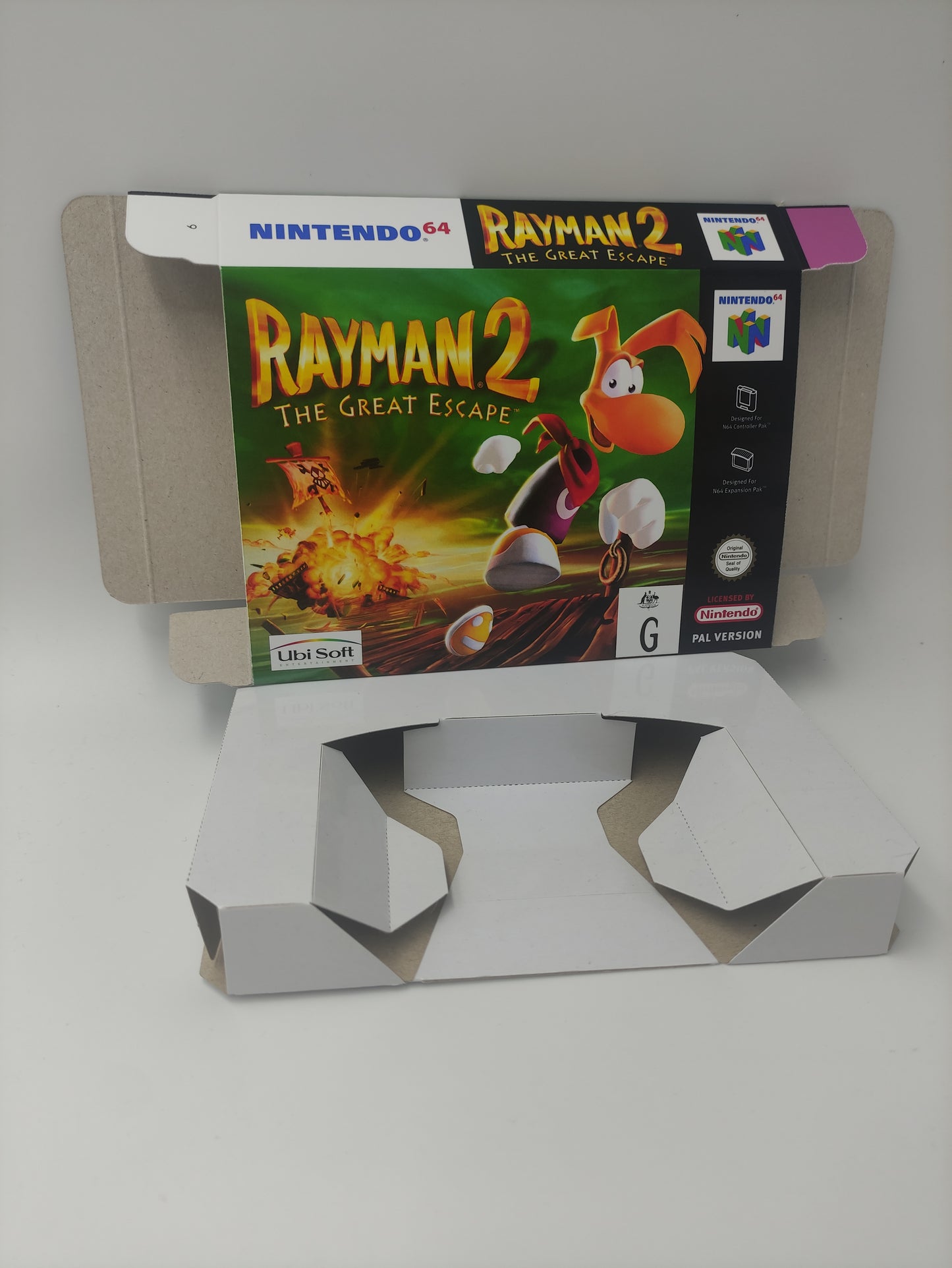 Rayman 2 The Great Escape - box with inner tray option - NTSC, PAL or Australian PAL - Nintendo 64/ N64 - thick cardboard as in the original