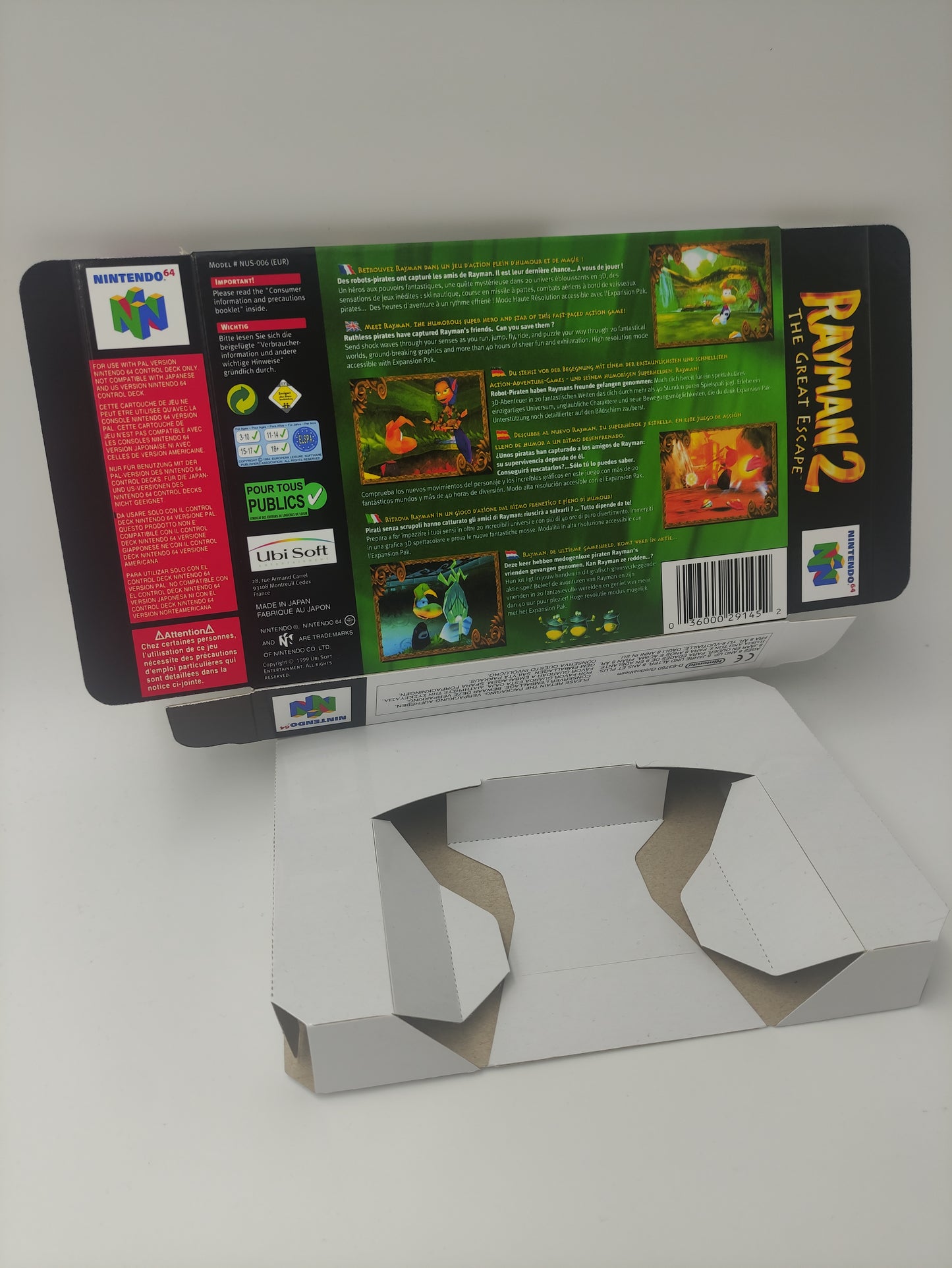 Rayman 2 The Great Escape - box with inner tray option - NTSC, PAL or Australian PAL - Nintendo 64/ N64 - thick cardboard as in the original