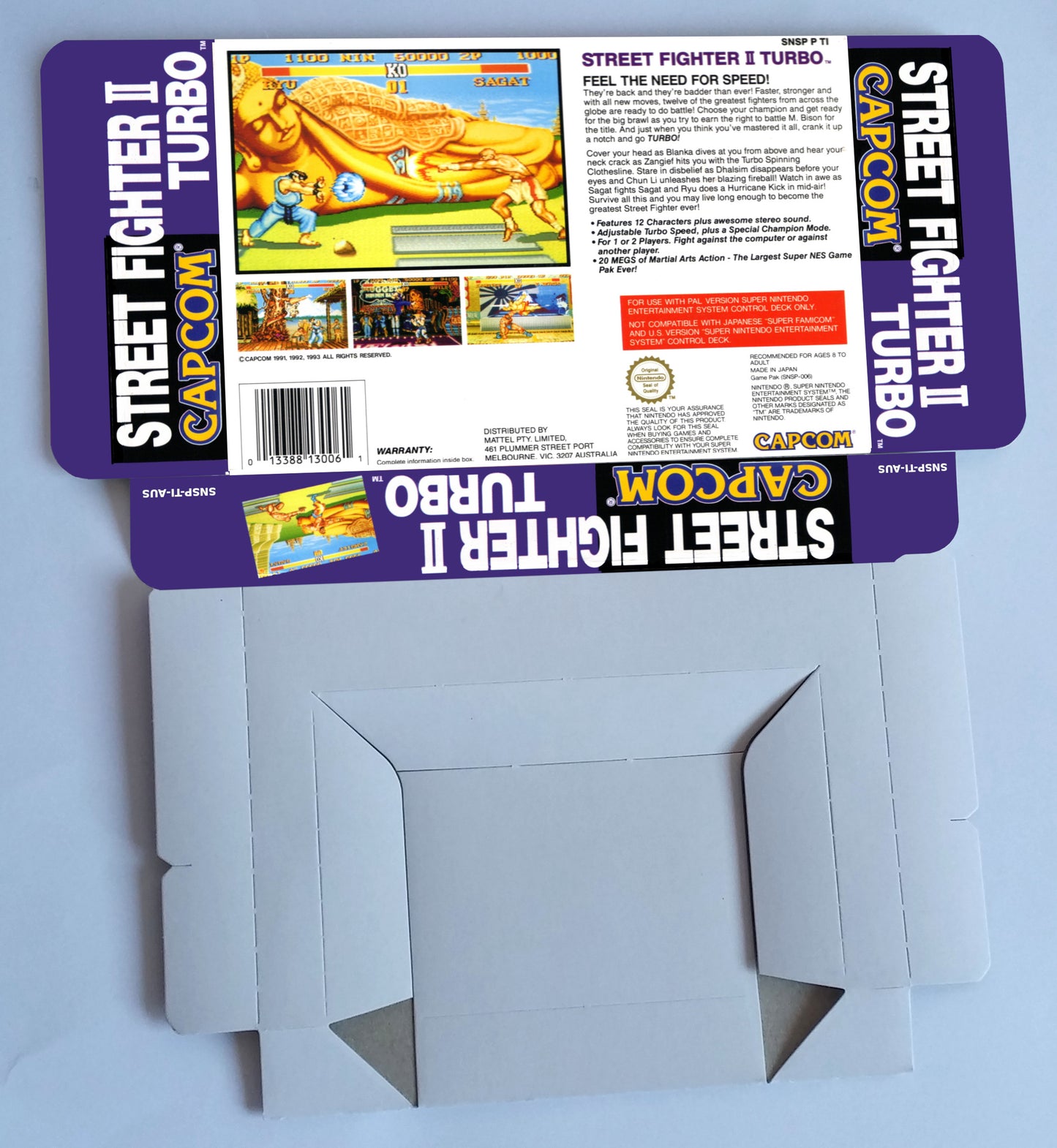 Street Fighter II Turbo - NTSC or PAL - box with inner tray option - Snes - thick cardboard as in the original. Top Quality !