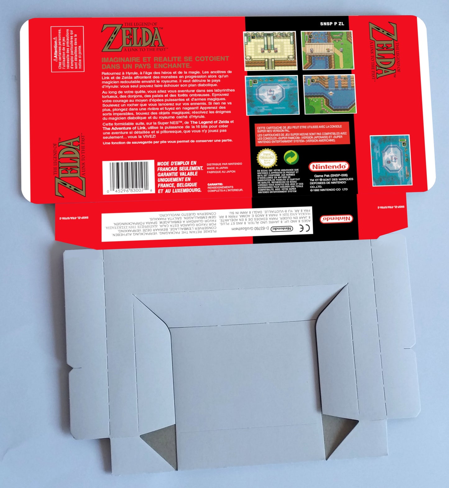 The Legend of Zelda a Link to The Past - Replacement Box, Manual, Inner Tray - PAL, NTSC or Japan Ntsc - SNES - thick cardboard as in the original.