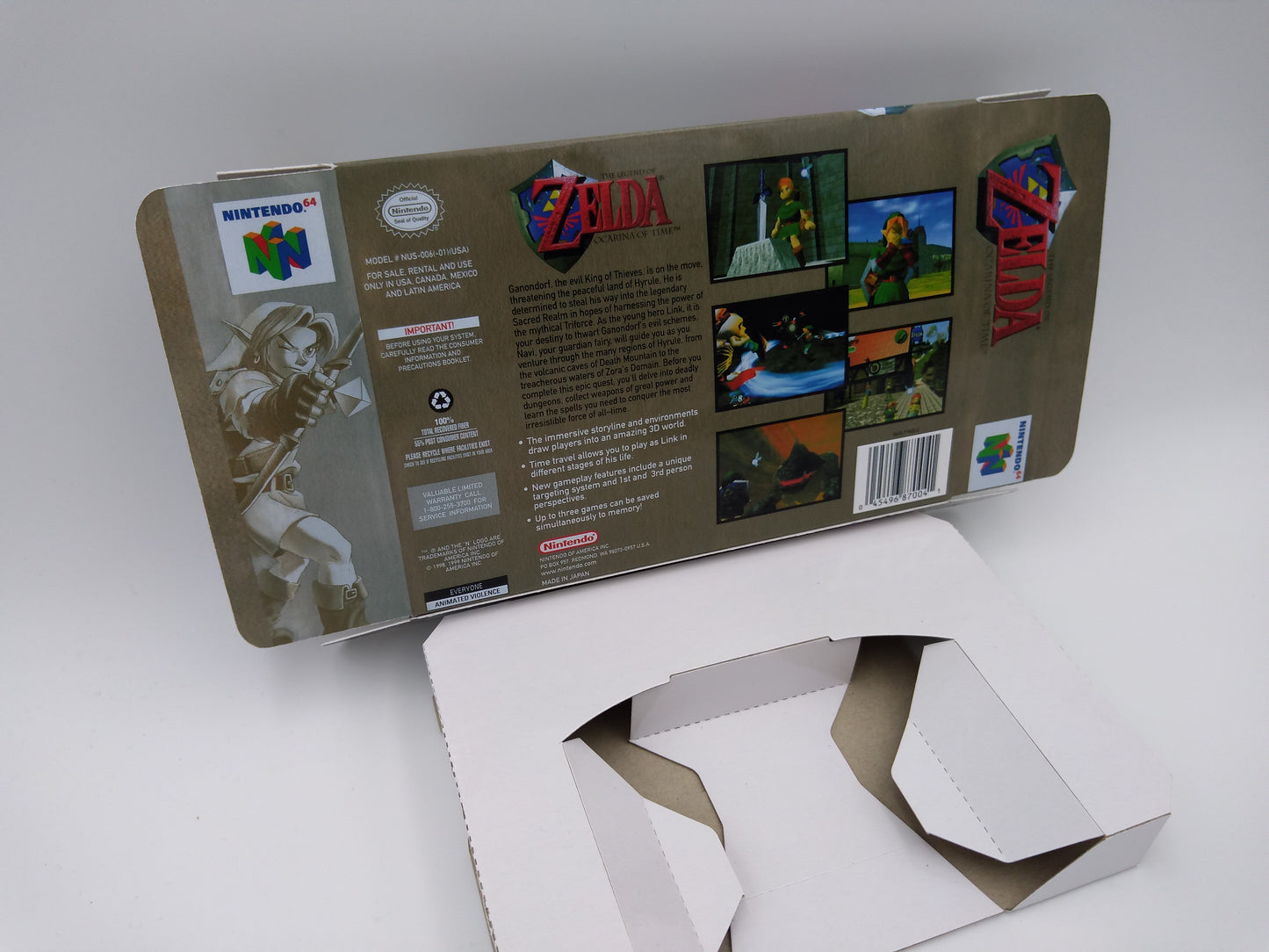 The Legend of Zelda Ocarina of Time - Replacement Box, Manual, Inner Tray - NTSC, PAL or Australian PAL - Nintendo 64 - thick cardboard.