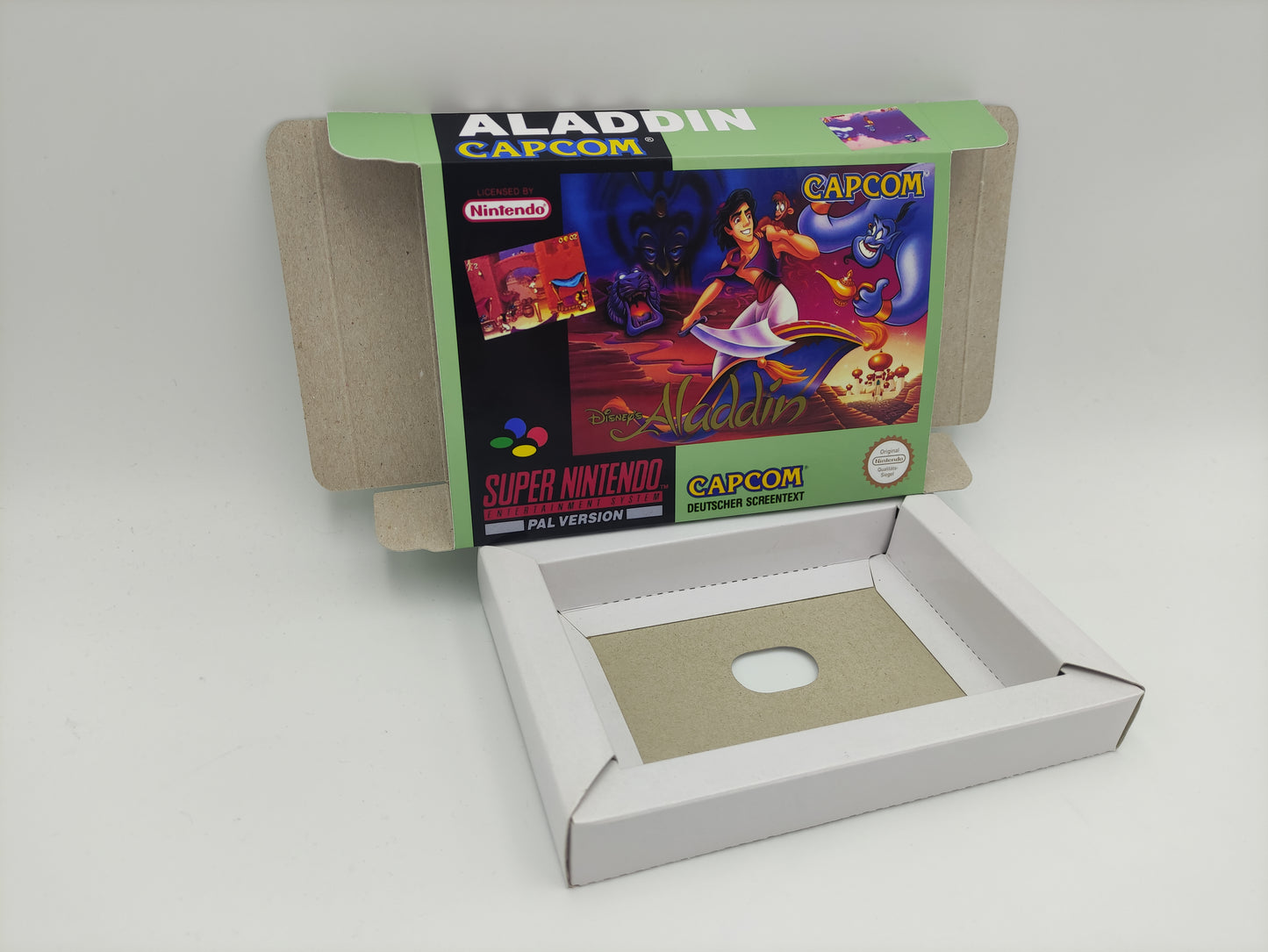 Aladdin - PAL or NTSC - box with inner tray option - SNES - thick cardboard as in the original. Top Quality !