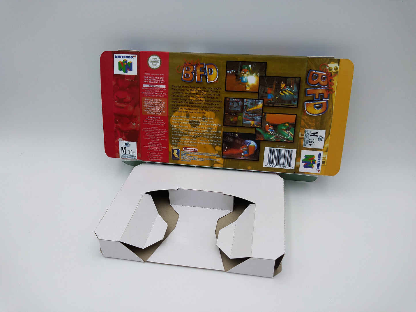 Conker Bad Fur Day - Box Replacement, Manual, Inner tray - PAL, Australian PAL or NTSC - Nintendo 64/ N64 - thick cardboard as in the original.