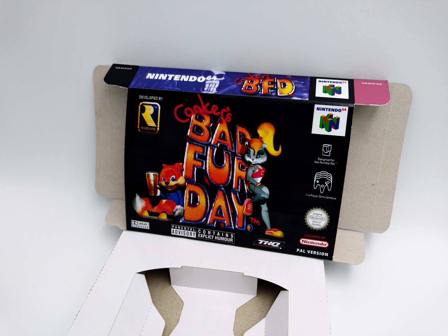 Conker Bad Fur Day - Box Replacement, Manual, Inner tray - PAL, Australian PAL or NTSC - Nintendo 64/ N64 - thick cardboard as in the original.