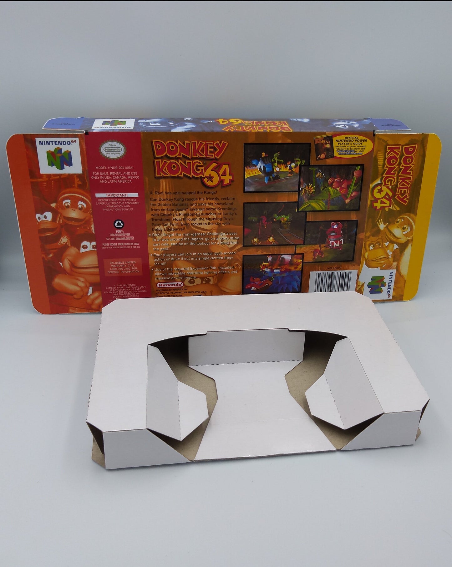 Donkey Kong 64 - Replacement Box, Manual, Inner Tray - NTSC, PAL or Australian PAL - N64 - thick cardboard as in the original. Top Quality !!