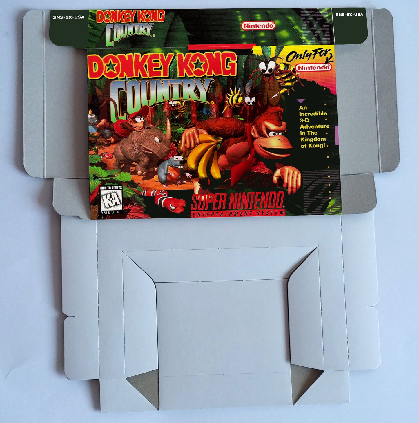 Donkey Kong Country - Replacement Box, Manual, Inner Tray - PAL or NTSC - SNES - thick cardboard as in the original. Top Quality !