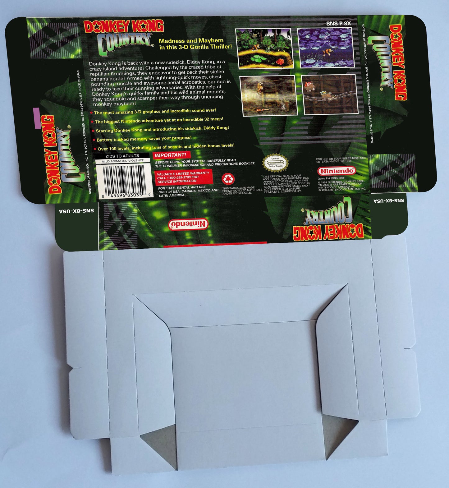 Donkey Kong Country - Replacement Box, Manual, Inner Tray - PAL or NTSC - SNES - thick cardboard as in the original. Top Quality !