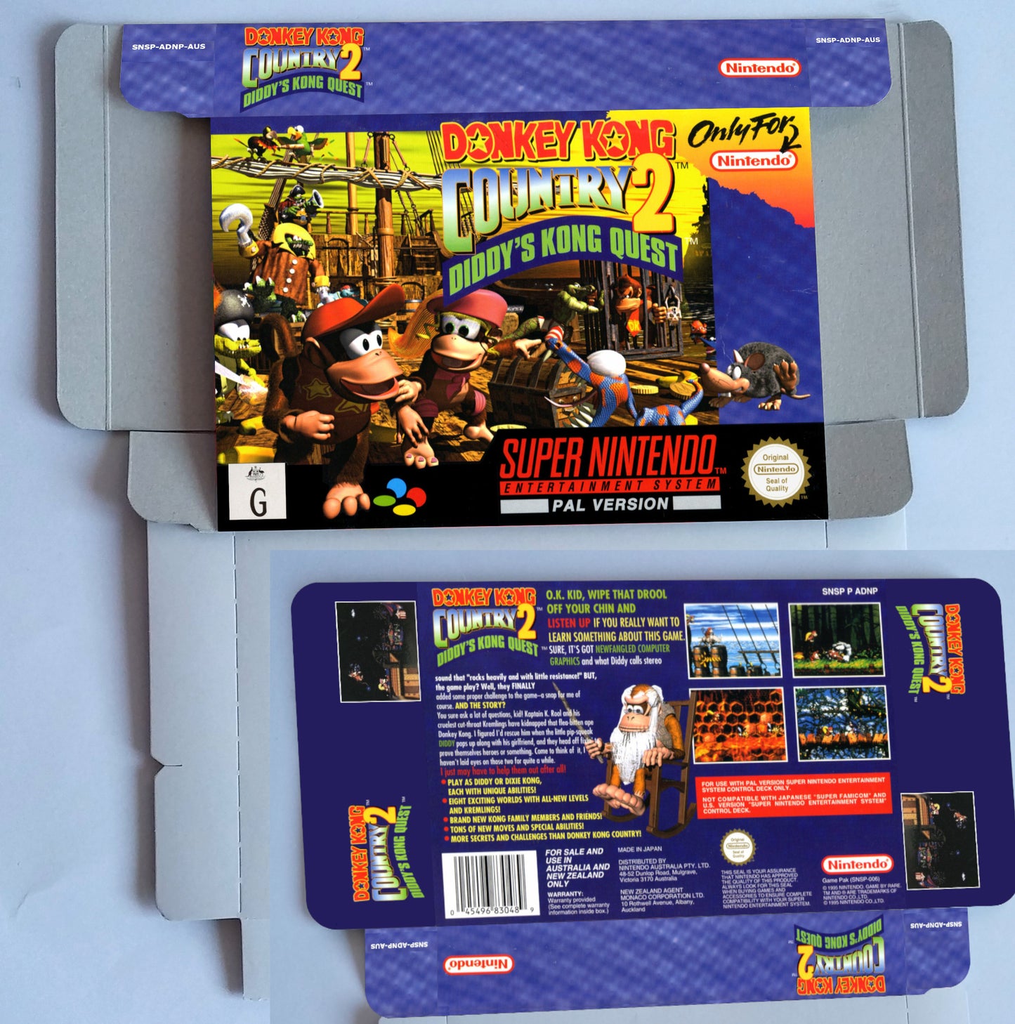 Donkey Kong Country 2 - box with inner tray option - SNES - Ntsc , Pal or Australian PAL - thick cardboard as in the original.