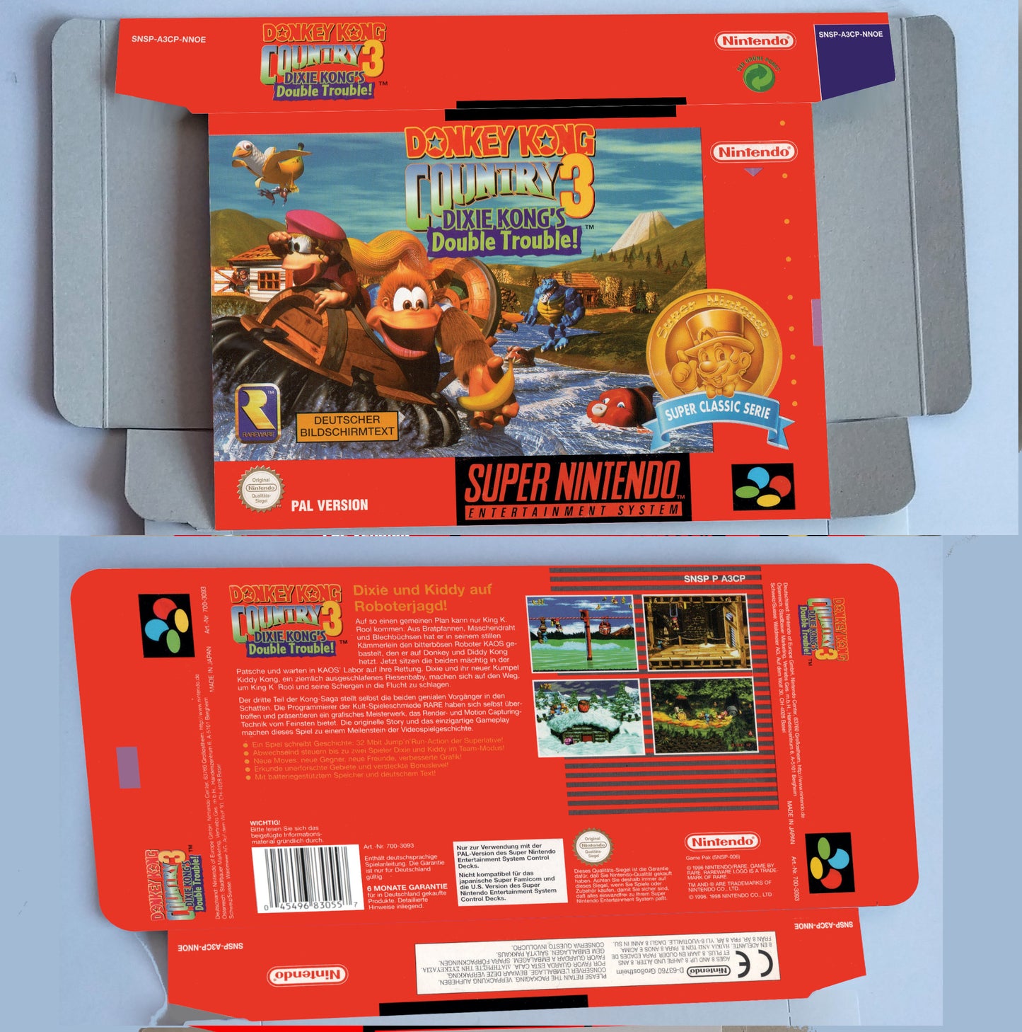 Donkey Kong Country 3 Dixie Kong Double trouble - PAL or NTSC - box with inner tray option - SNES - thick cardboard as in the original. Hq !