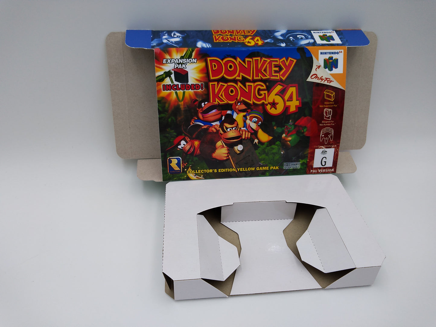 Donkey Kong 64 - Replacement Box, Manual, Inner Tray - NTSC, PAL or Australian PAL - N64 - thick cardboard as in the original. Top Quality !!