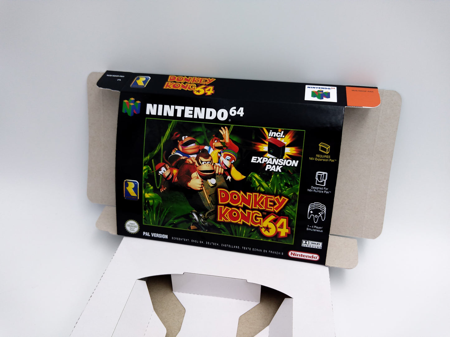 Donkey Kong 64 - Replacement Box, Manual, Inner Tray - NTSC, PAL or Australian PAL - N64 - thick cardboard as in the original. Top Quality !!