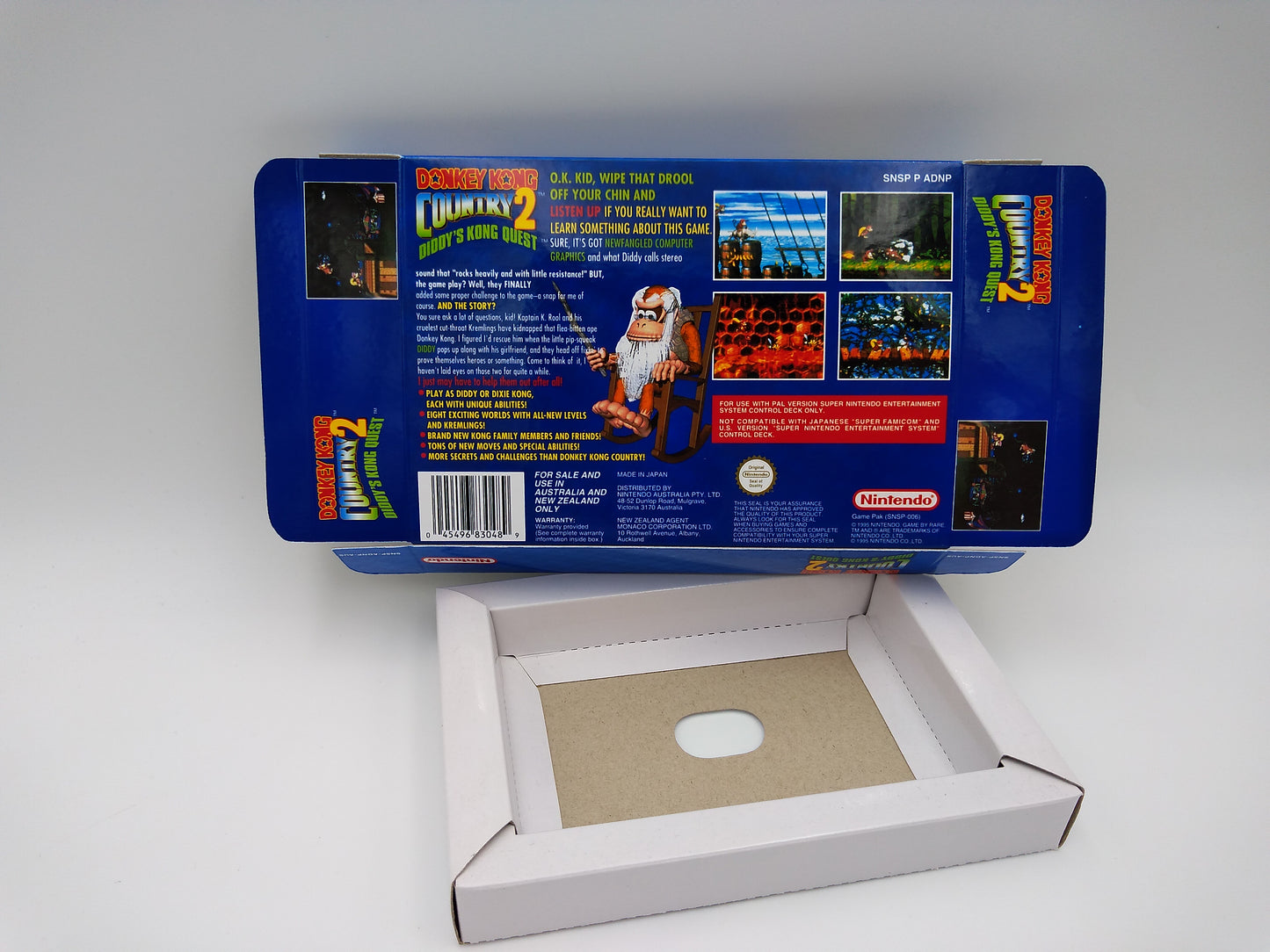 Donkey Kong Country 2 - box with inner tray option - SNES - Ntsc , Pal or Australian PAL - thick cardboard as in the original.