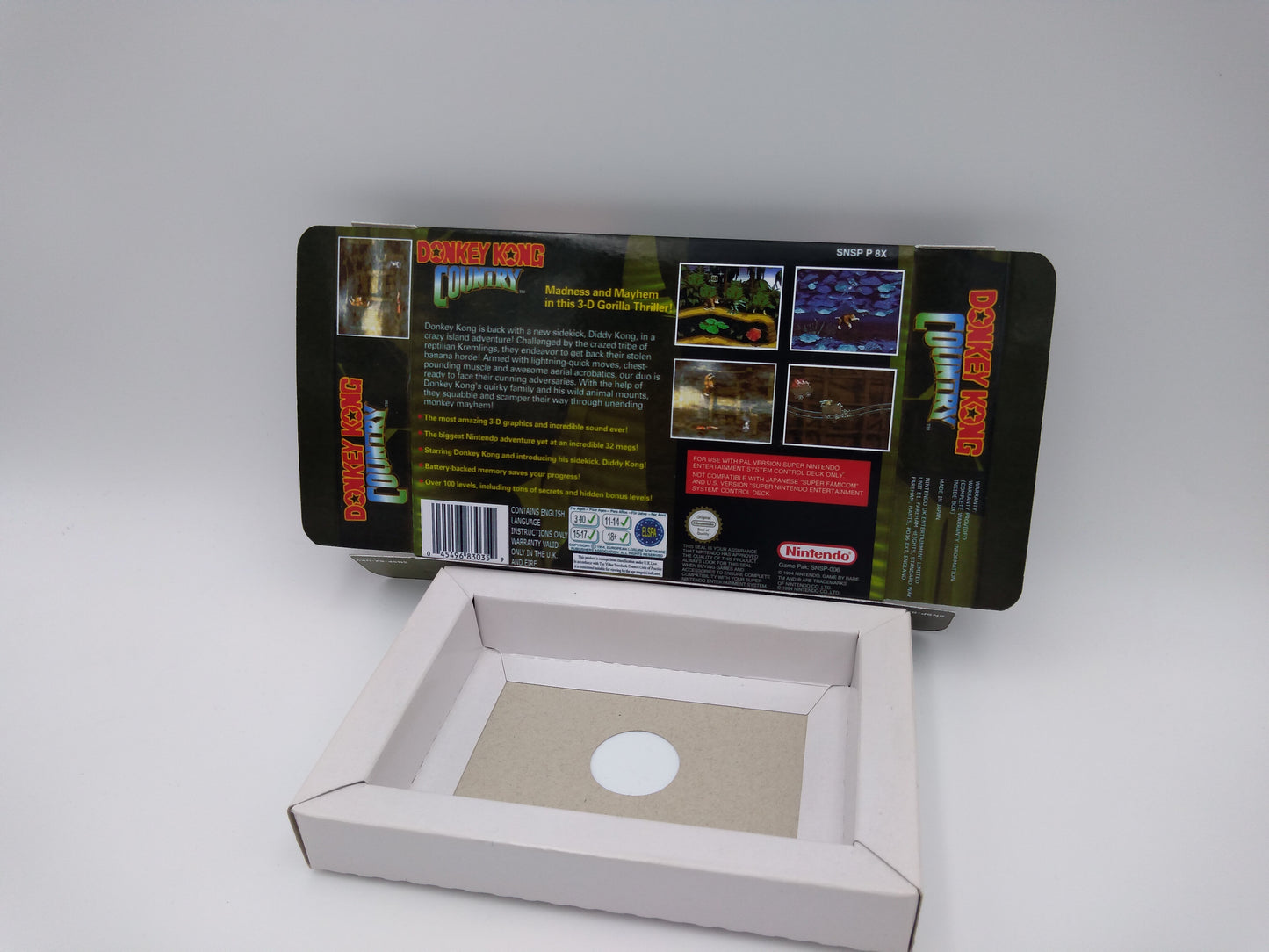 Donkey Kong Country - Replacement Box, Manual, Inner Tray - PAL or NTSC - SNES - thick cardboard as in the original. Top Quality !