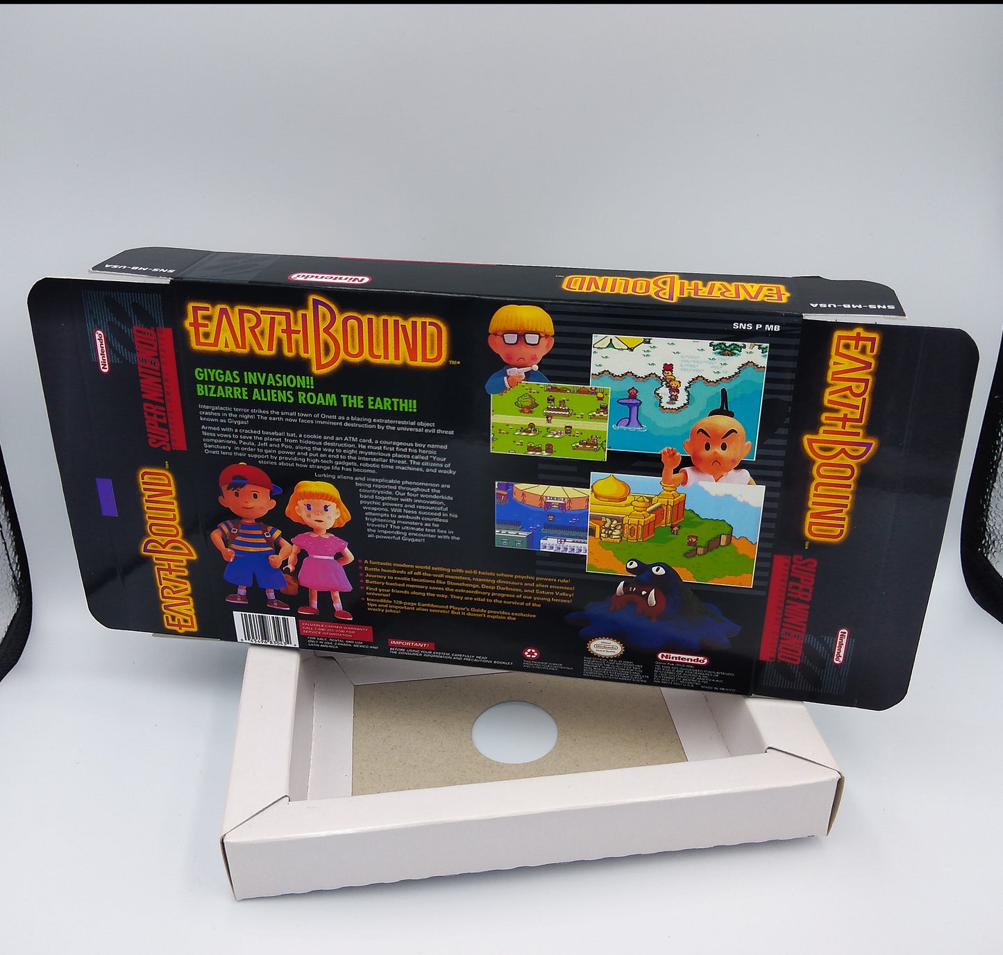 EarthBound - box with inner tray option - PAL or NTSC - SNES - thick cardboard as in the original. Top Quality !