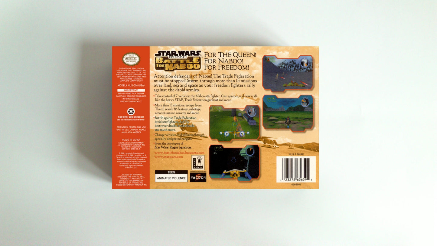 Star Wars Battle For Naboo - Box with inner tray option - PAL, NTSC or Australian PAL - N64 - thick cardboard as in the original.