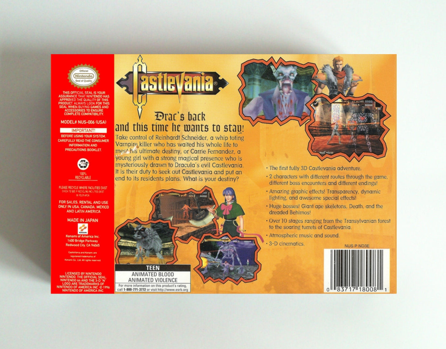 Castlevania 64 - box with inner tray option - Nintendo 64/ N64 - NTSC, PAL, Australian PAL. Thick cardboard. Top Quality !!