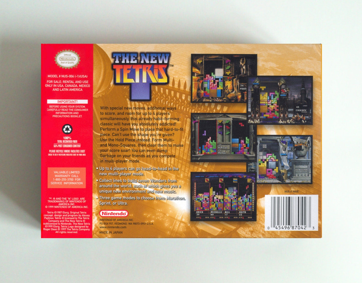 The New Tetris - box with inner tray option - Nintendo 64/ N64 - NTSC or PAL . Thick cardboard as in the original. Top Quality !!