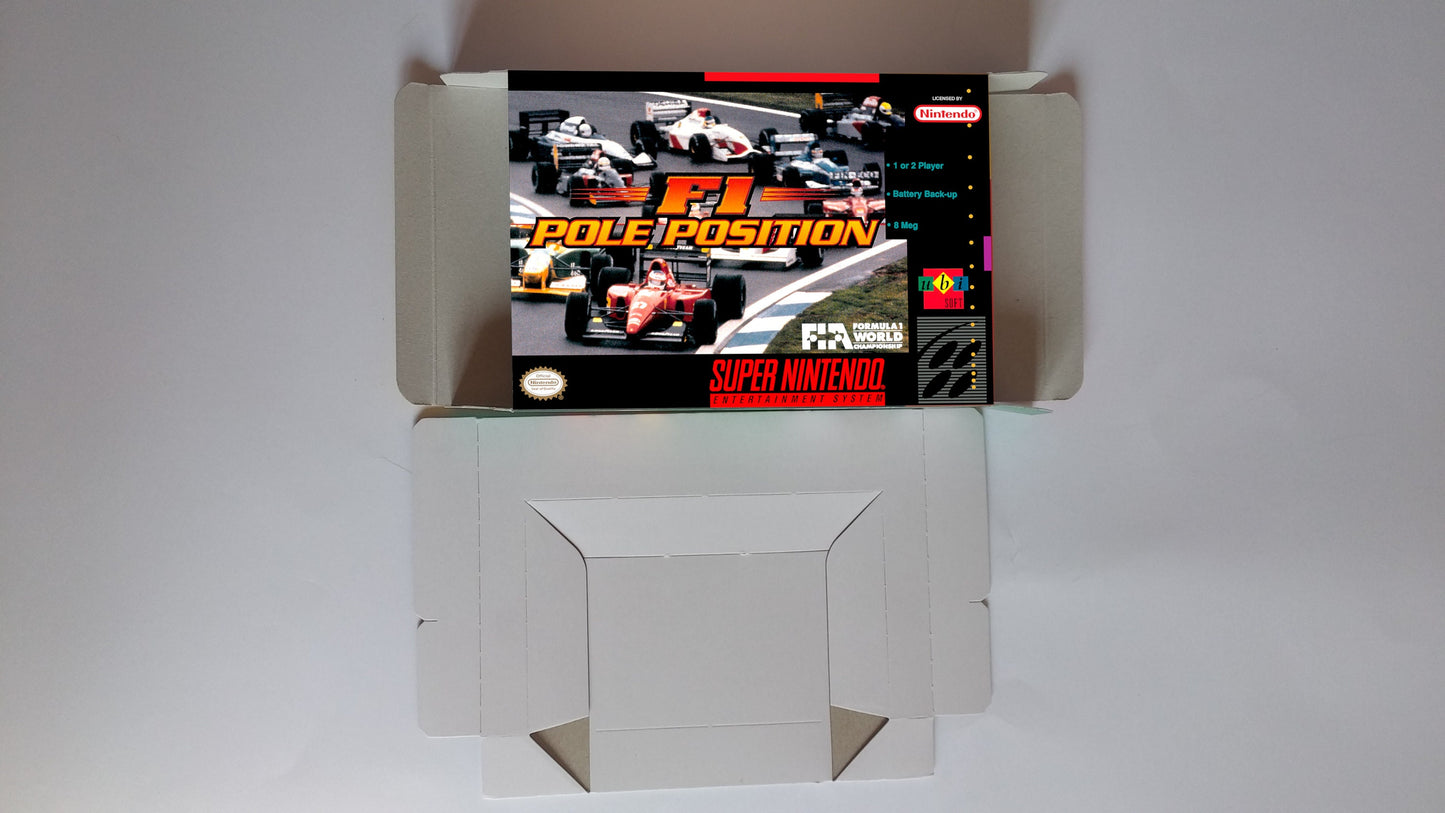 F1 Pole Position - box with inner tray option - NTSC or PAL - Super Nintendo/ SNES- thick cardboard.