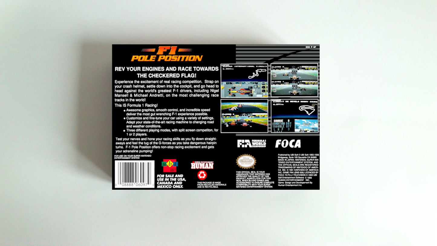 F1 Pole Position - box with inner tray option - NTSC or PAL - Super Nintendo/ SNES- thick cardboard.