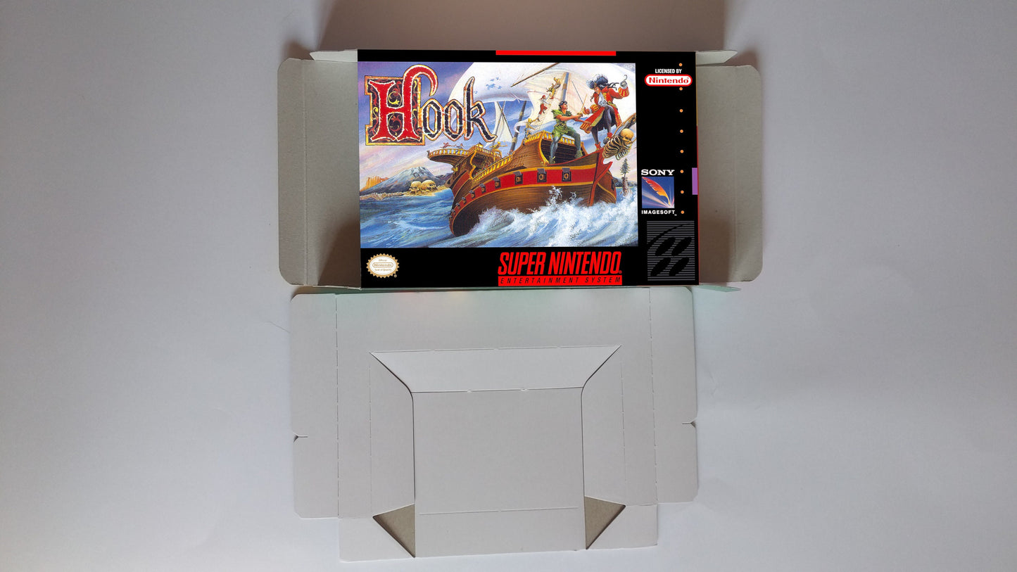 Hook - box with inner tray option - NTSC or PAL - Super Nintendo/ SNES- thick cardboard.