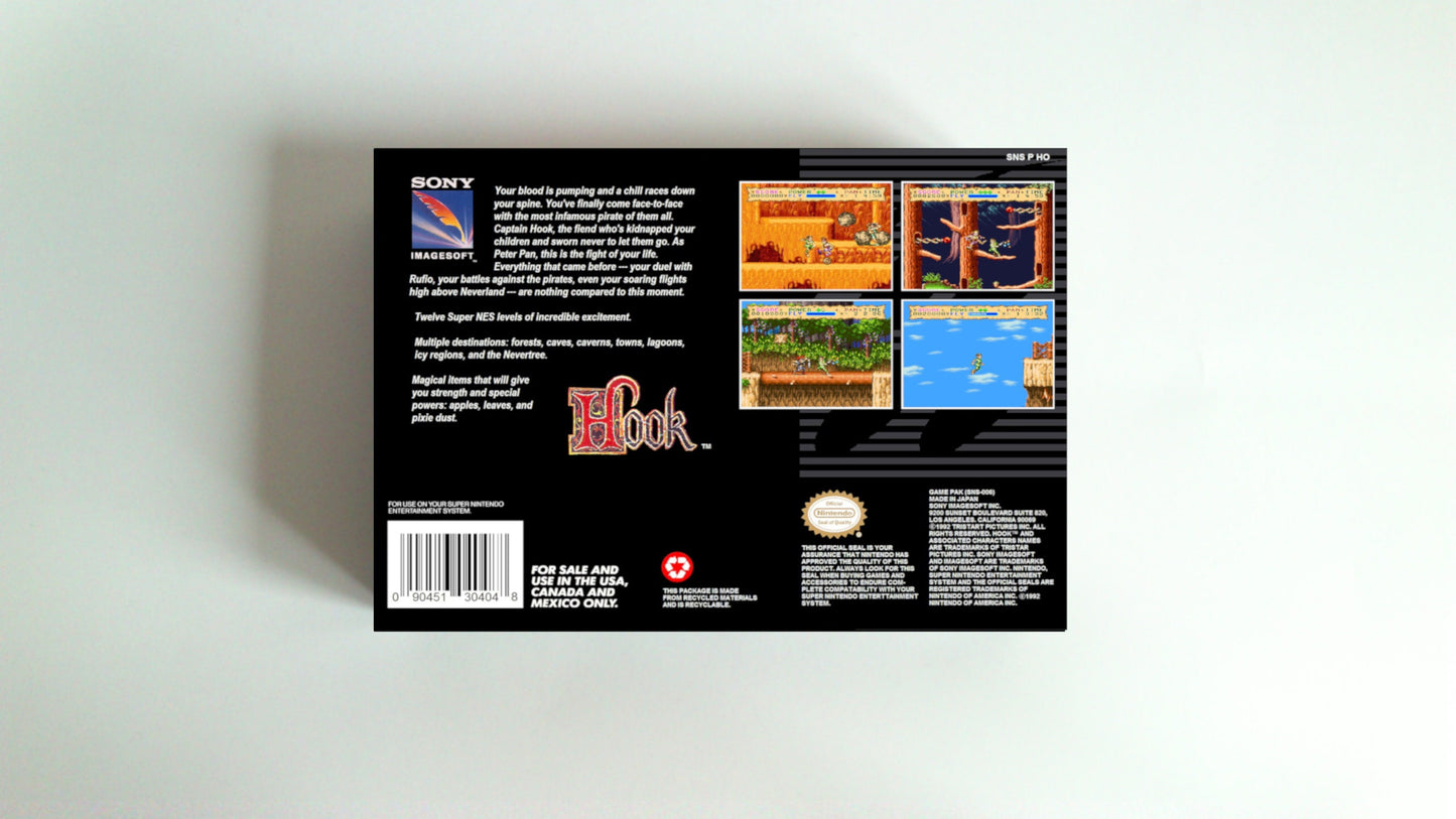 Hook - box with inner tray option - NTSC or PAL - Super Nintendo/ SNES- thick cardboard.