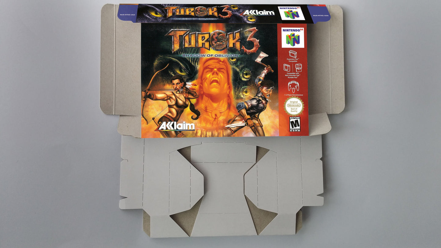 Turok 3 Shadow of Oblivion - box with inner tray option - NTSC or PAL - N64 - thick cardboard as in the original. Top Quality !!