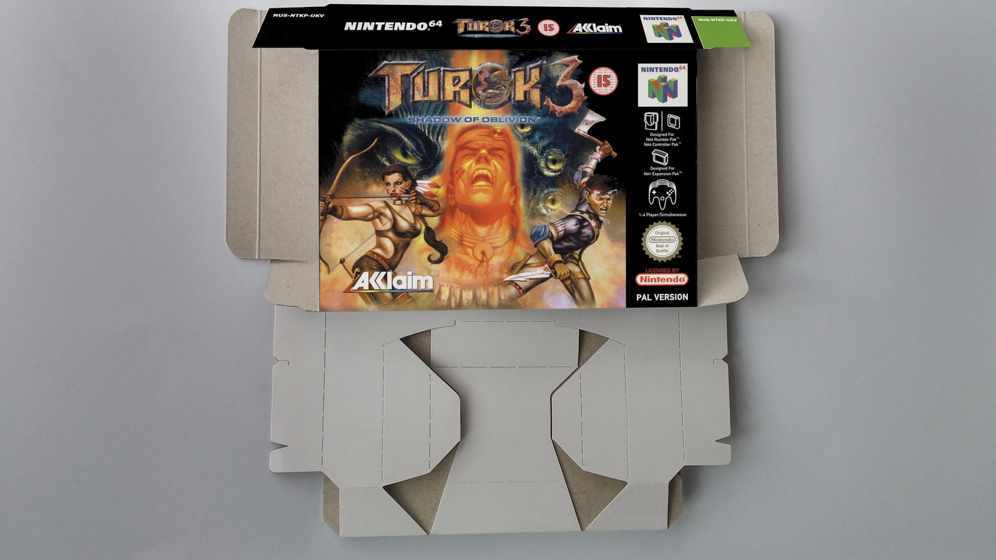 Turok 3 Shadow of Oblivion - box with inner tray option - NTSC or PAL - N64 - thick cardboard as in the original. Top Quality !!