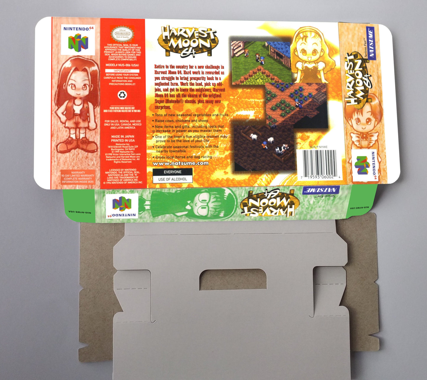 Harvest Moon 64 - NTSC - box with inner tray option - Nintendo 64/ N64 - thick cardboard. Top Quality !