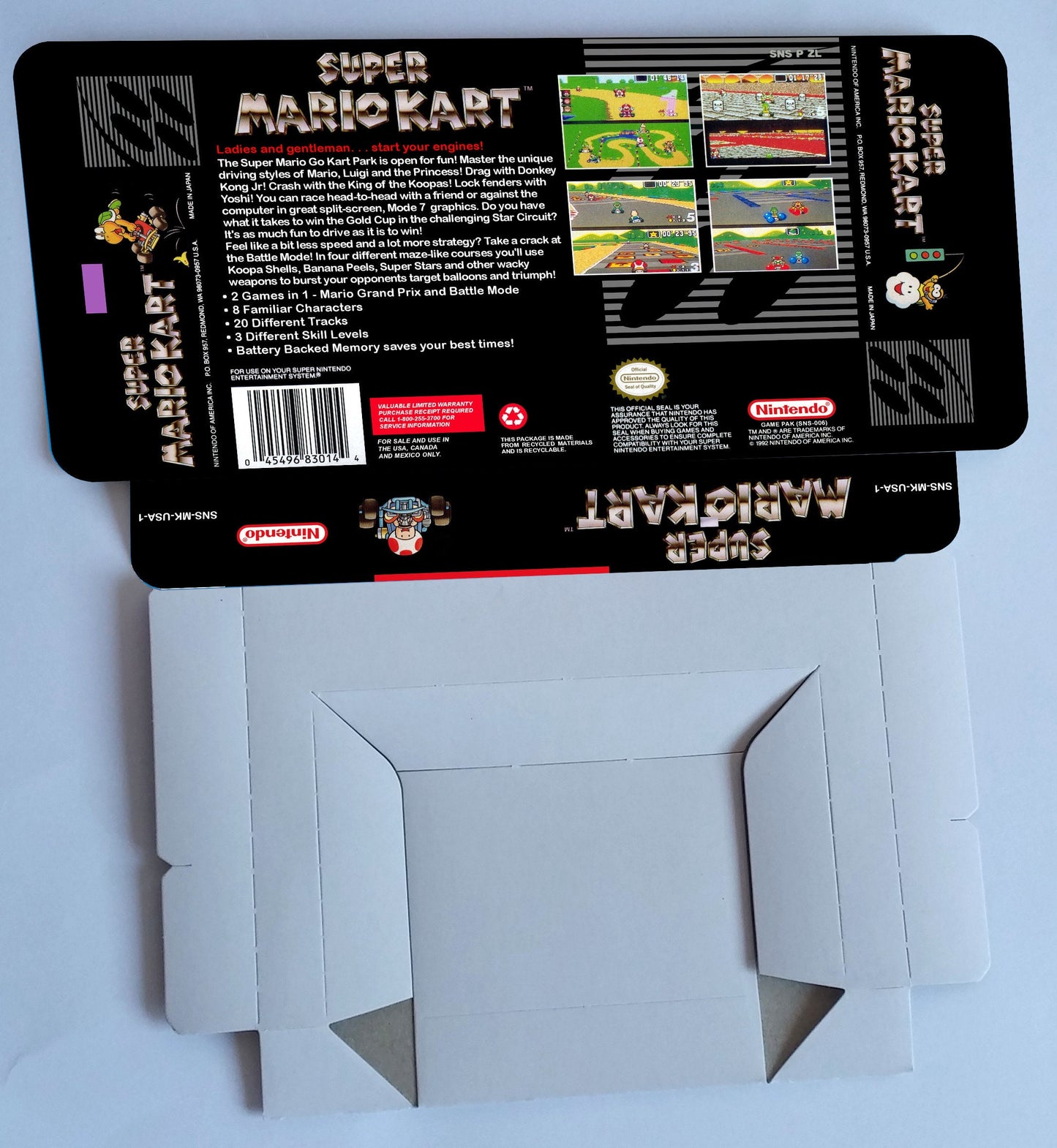 Super Mario Kart - box with inner tray option - PAL or NTSC Region - Super Nintendo/ SNES- thick cardboard. Top Quality !