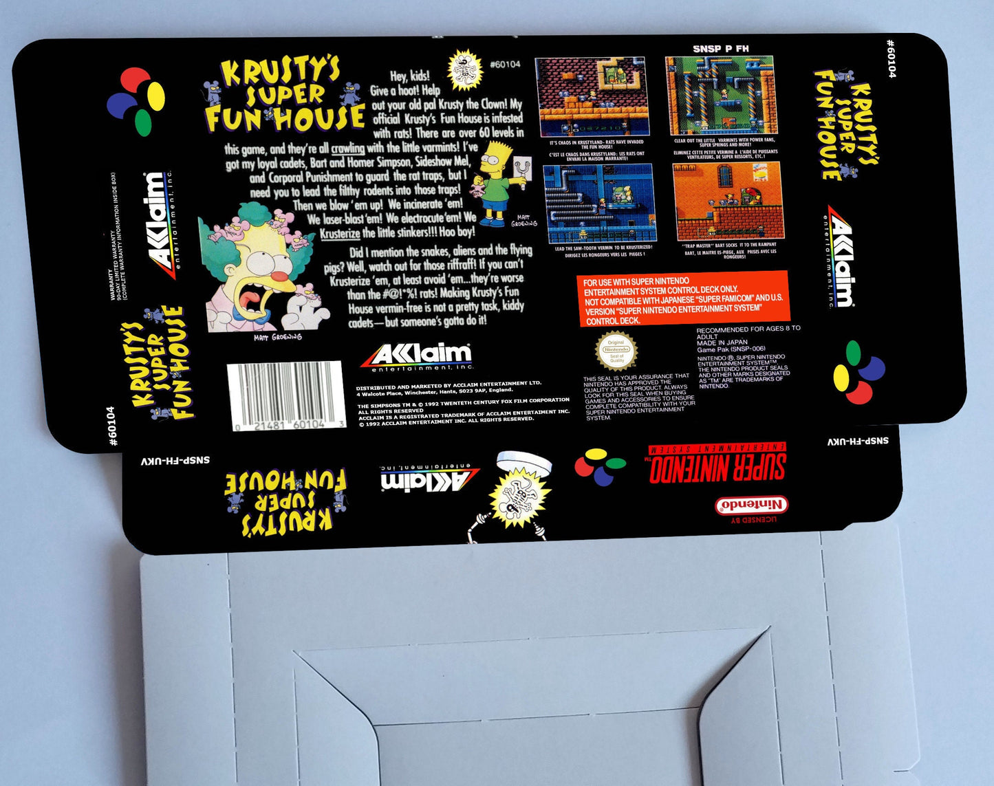 Krusty's Super Fun House - box with inner tray option - PAL or NTSC -  Super Nintendo/ SNES- thick cardboard.