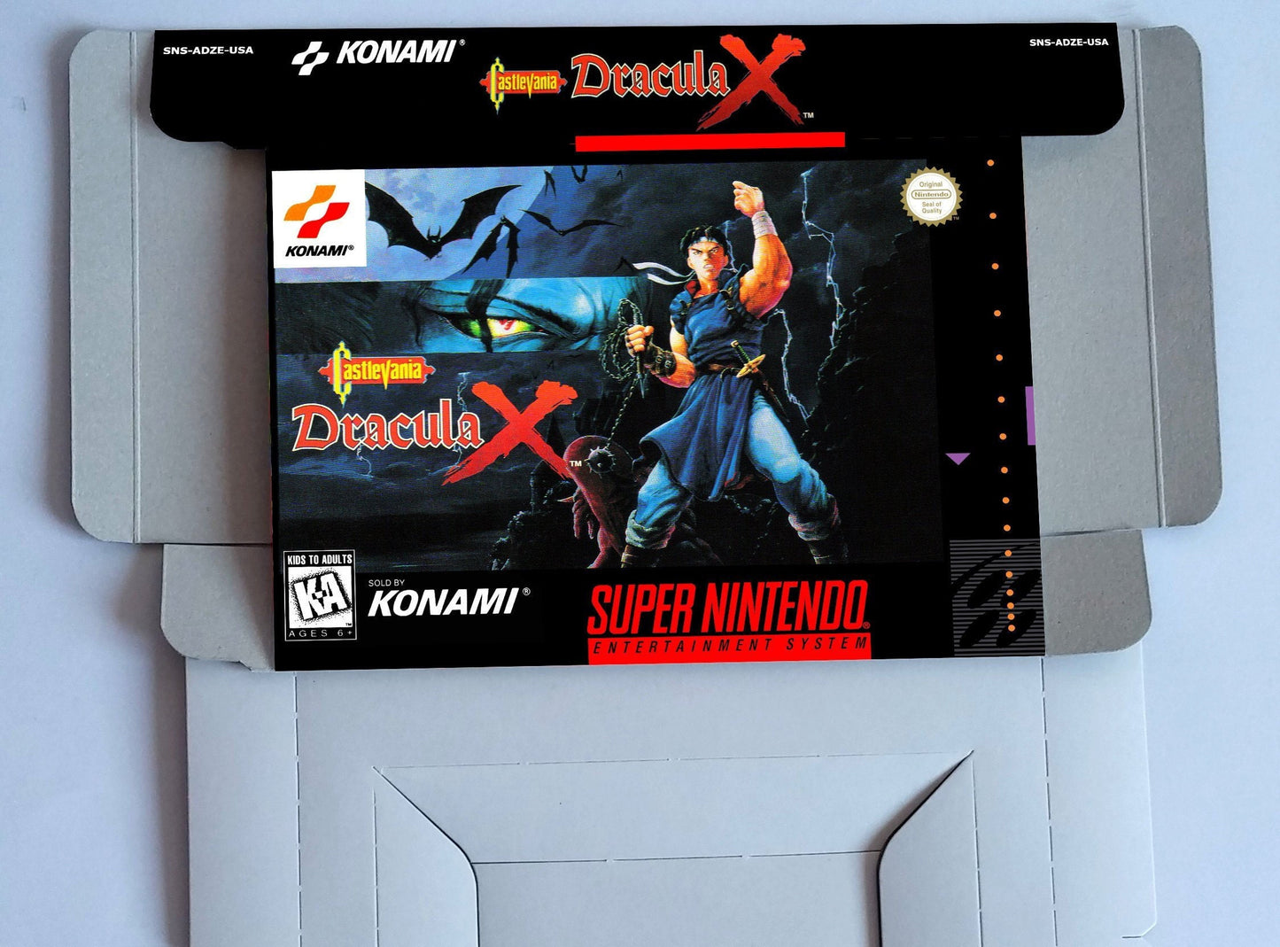 Castlevania Dracula X - PAL or NTSC - box with inner tray option - SNES - thick cardboard as in the original. Top Quality !