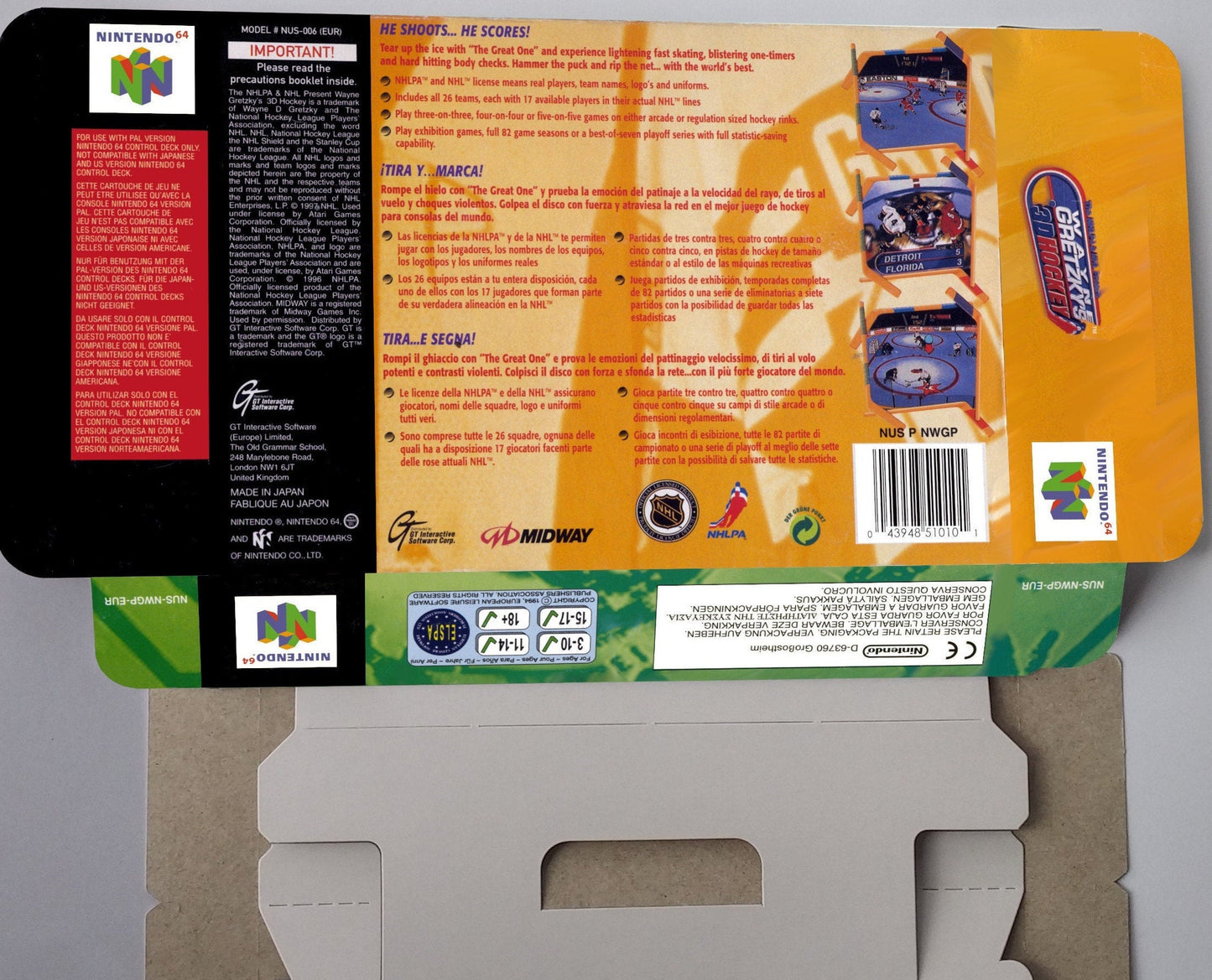 Wayne Gretzky's 3D Hockey - PAL - N64 - box replacement with inner tray option - thick cardboard as in the original. Top Quality !!